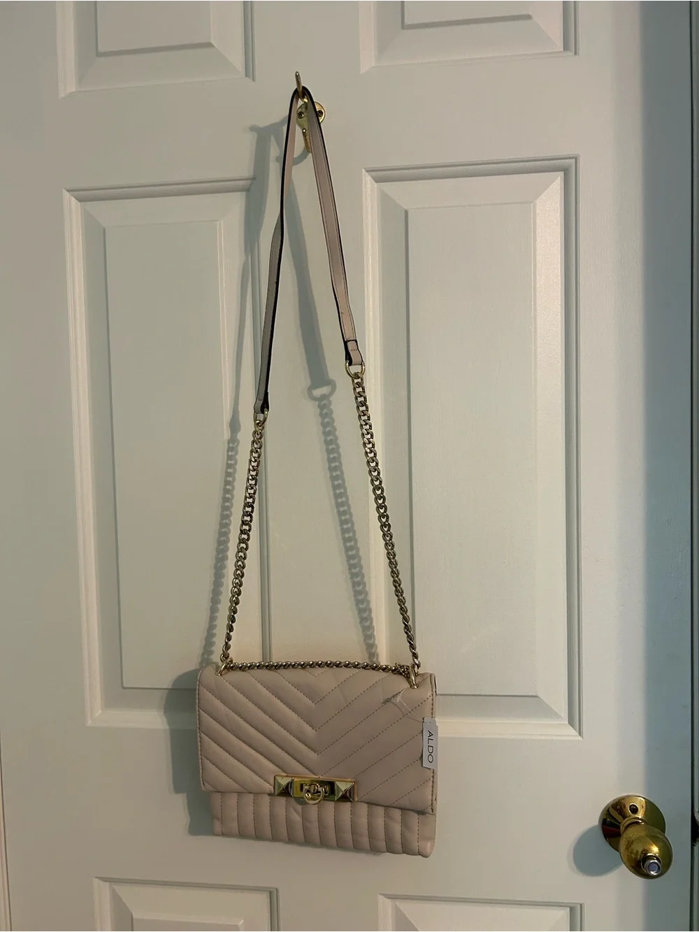 ALDO Cream Quilted Abilaniel Crossbody Bag with Gold Chain Strap